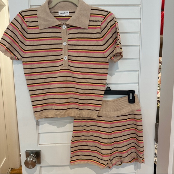 New Superdown 2-piece Knit Set Sz S Shorts Polo Top Striped Shirt - Picture 1 of 12